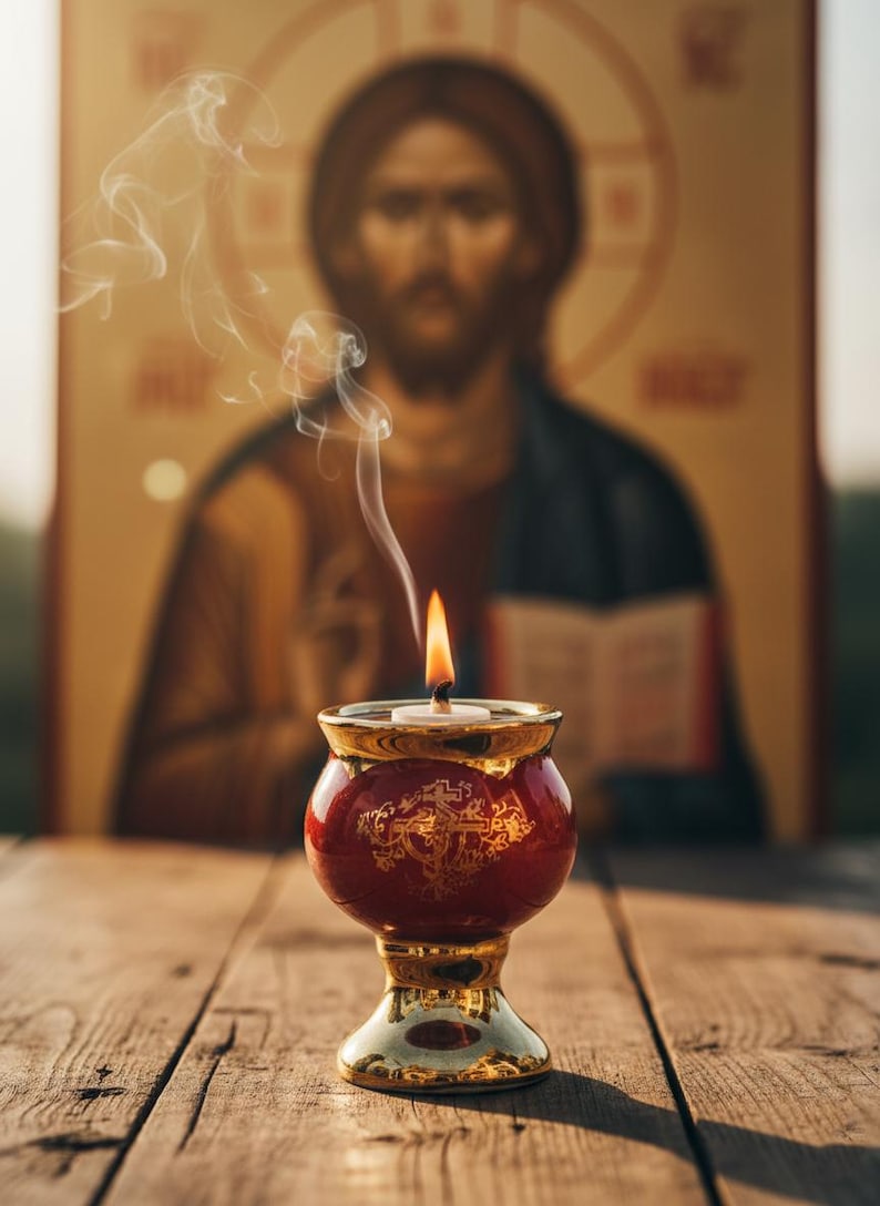 May include: A lit candle in a red and gold decorative holder with ornate detailing. Wisps of smoke rise from the candle, with a blurred religious icon in the background. The candle holder sits on a wooden surface.