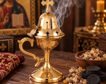 Orthodox Brass Censer with Incense & Charcoal, 16 cm / 6.3 in