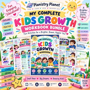 May include: A colorful educational workbook bundle titled My Complete Kids Growth Workbook Bundle, featuring illustrated children, a globe, and various learning activities. The design includes bright graphics, motivational text, and icons for confidence, habits, and dreams.