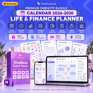 May include: A digital OneNote planner bundle featuring a 2026-2030 calendar, life and finance planning tools, 500+ stickers, 50+ templates, and 600+ pages. The display shows a laptop and smartphone with planner interfaces, including weekly, daily, and budget layouts.
