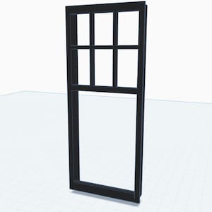 Peut inclure: Un cadre de fenêtre noir de forme rectangulaire. La partie supérieure comporte six carreaux, disposés en deux rangées de trois. La partie inférieure est un seul grand carreau. Le cadre est en matériau sombre, sur fond blanc.