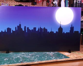 ダークブルーの夜景都市スカイラインシルエット 30インチ x 16インチ アクションフィギュアディスプレイ用背景幕