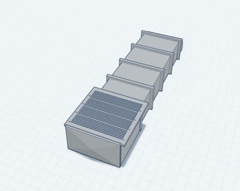 May include: A grey metal ventilation duct with a rectangular grate on the end. The duct is made of multiple sections that fit together.