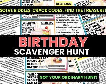 Birthday Scavenger Hunt, Birthday Treasure Hunt, Treasure Hunt Birthday Clue, Birthday Party Game, Riddles and games, Indoor Printable Game