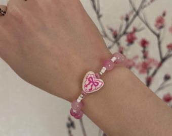 Pretty Bow in Pink Semi- Precious Thirteen Bead Bracelet