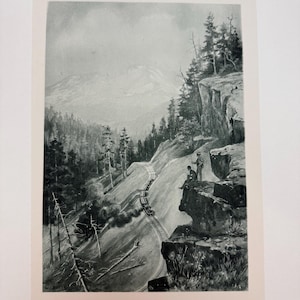 May include: Black and white vintage print of a mountain landscape with a winding road and a train. Two figures stand on a cliff overlooking the scene. The artwork features a detailed depiction of trees, mountains, and a cloudy sky.