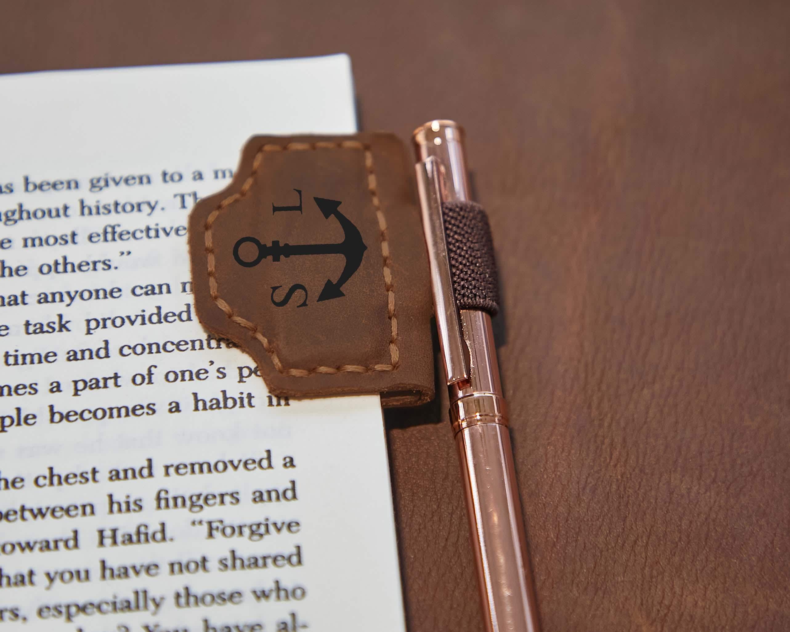 Custom Logo Leather Book Mark with Pen Holder, Engraved Magnetic Bookmark,Leather Magnetic Pen Loop for Notebook,Journal Accessory