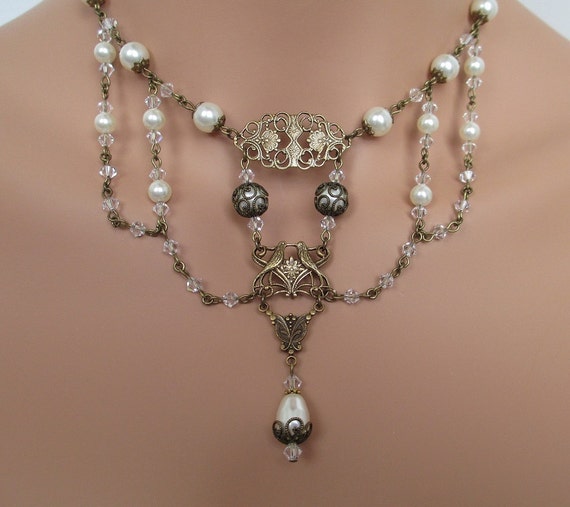 Victorian Bridal Necklace Crystals Pearls Teardrop Oxidized | Etsy