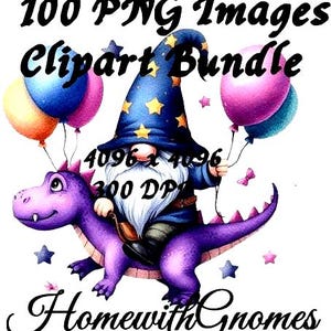 100 gnomes mignons chevauchant des dinosaures PNG | À utiliser pour des invitations d'anniversaire, la sublimation, des cliparts prêts à l'emploi pour la création de bricolage en papier, des projets faits main