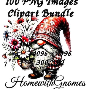 100 Watercolor Gnome Flower Clipart: 100 PNGs for DIY Crafts (Transparent Digital Download)