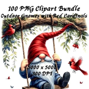 100 Watercolor Gnome & Cardinal Clipart: Rustic PNG Graphics (Transparent Digital Download)