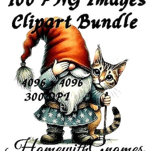 100 Watercolor Gnome & Cat PNG Bundle: Transparent Images (300 DPI Digital Download)