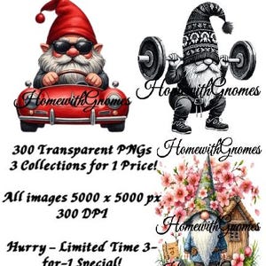 100 Whimsical Gnome Clipart Bundle: Home, Car, Gym PNGs (Transparent Digital Download)