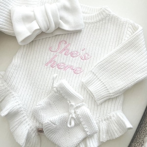 Embroidered Initial Knit Baby Romper with Ruffles: Personalized Cotton Outfit
