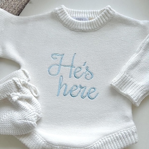 Embroidered Knit Newborn Romper: &quot;He&#39;s Here&quot; Cotton Outfit