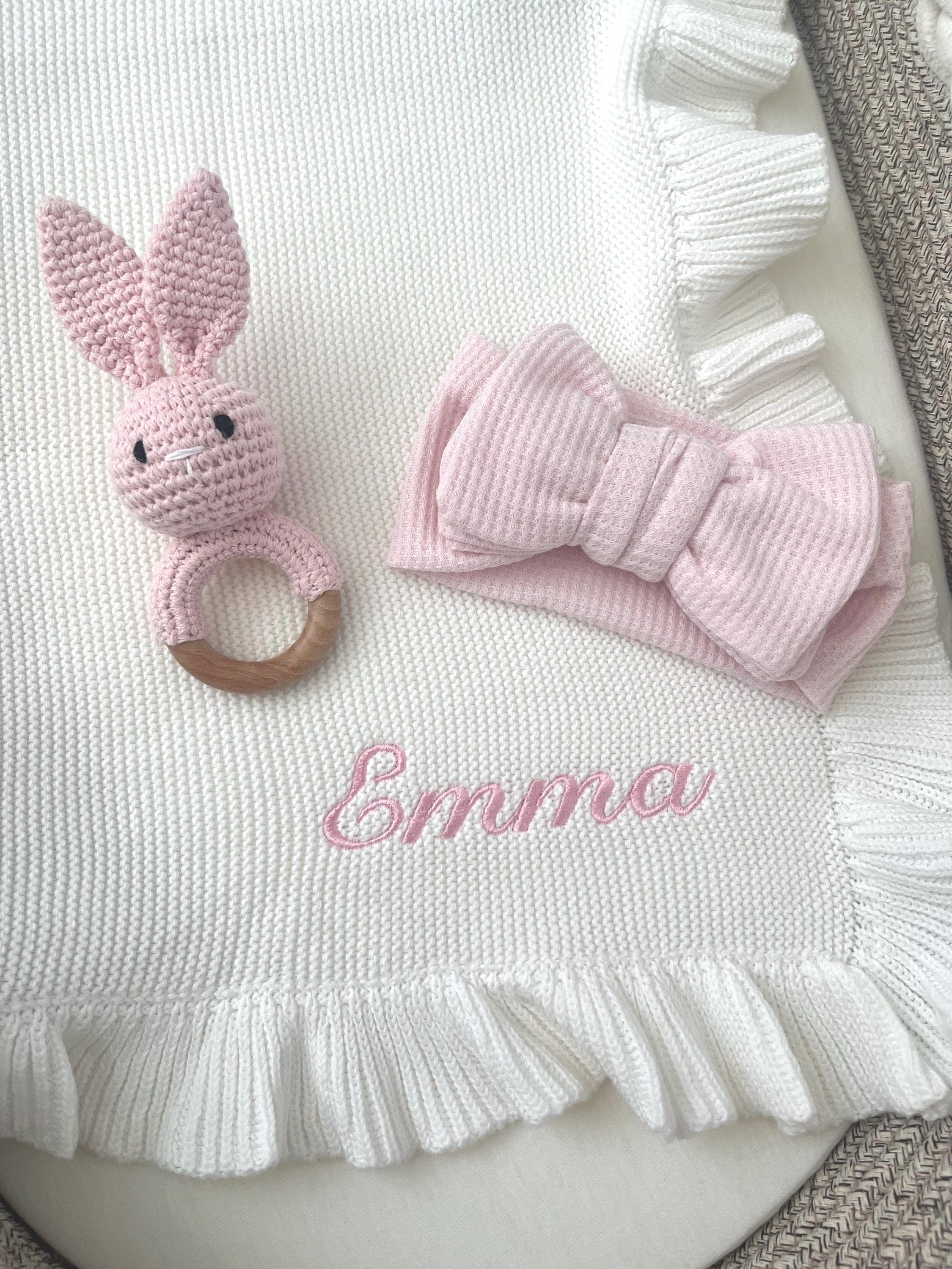 Embroidered Knit Baby Blanket with Ruffles: Personalized Cotton Heirloom