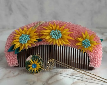 Kawasemizaiku Vincent van Gogh–Inspired Sunflower Kanzashi & Comb Set – One-of-a-Kind Tsumamizaiku Art