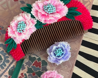 One-of-a-Kind Tsumamizaiku Peony Comb & Brooch Set — Handcrafted Japanese Floral Art