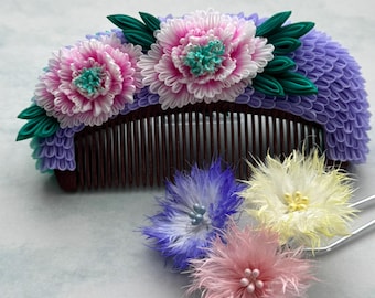 Double-faced Peony Tsumamizaiku  Comb & Summer Bloom Hairpin Set