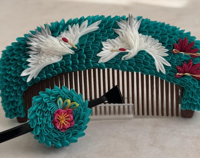 Featured listing image: Coupled Crane Tsumamizaiku Kanzashi Comb Set