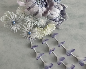 Violet Sakura & Chrysanthemum Kanzashi Hair Fork Set – Handcrafted Kawasemizaiku with exclusive NFT Provenance