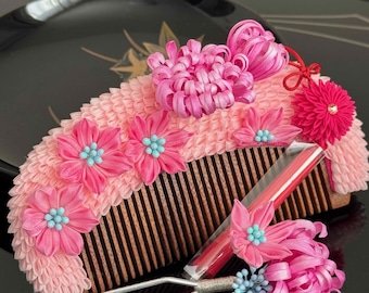 Pink Chrysanthemum tsumamizaiku artwork infused with Swarovski Crystals