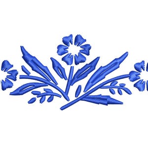 May include: A blue floral embroidery design featuring three stylized flowers and several leaves. The design is symmetrical, with the flowers evenly spaced and the leaves curving around them. The embroidery is on a white background.