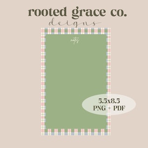May include: A printable digital planner page with a green background and a pink and blue plaid border. The page is labeled "notes" and is 5.5x8.5 inches. The file is available in PNG and PDF formats.