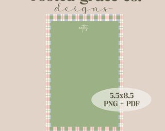 May include: A printable digital planner page with a green background and a pink and blue plaid border. The page is labeled "notes" and is 5.5x8.5 inches. The file is available in PNG and PDF formats.