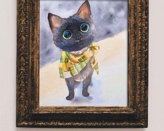 カラフルな猫の水彩画：シュールな抽象芸術（9x12インチ） - Etsy 日本