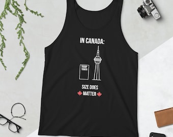 In Canada Size Does Matter Tank Top | CN Tower vs. Trump Towers Canada Pride | Funny Canadian Graphic Tank Top