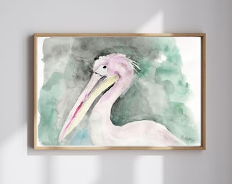 Pink Pelican Watercolor Wall Art Print - Bird Wildlife Painting, Coastal Decor, Nursery or Living Room Artwork, Nature-Inspired Art Print