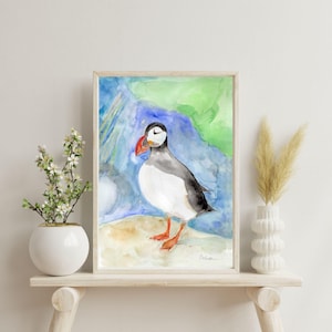 Puffin Watercolor Print - Coastal Bird Wall Art, Handmade Wildlife Illustration, Digital Download for Nature-Inspired Home Decor