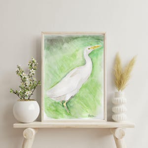 White Heron Watercolor Art Print - Minimalist Bird Wall Decor, Elegant Nature Painting for Living Room, Bedroom, or Gallery Display