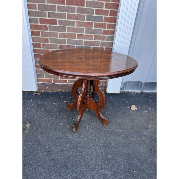 Antique Victorian Carved Wood Oval Round Parlor Side Table Pedastal Carve Ornate