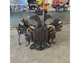 Antique Coat of Arms Swords TOLEDO SPAIN Crest Carved Wood Spanish Armada 44”x37