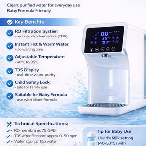 May include: White H2O PURE+ reverse osmosis hot and warm water dispenser. Features include adjustable temperature, TDS display, and child safety lock. Suitable for baby formula. Includes a touchscreen and automatic flush function.