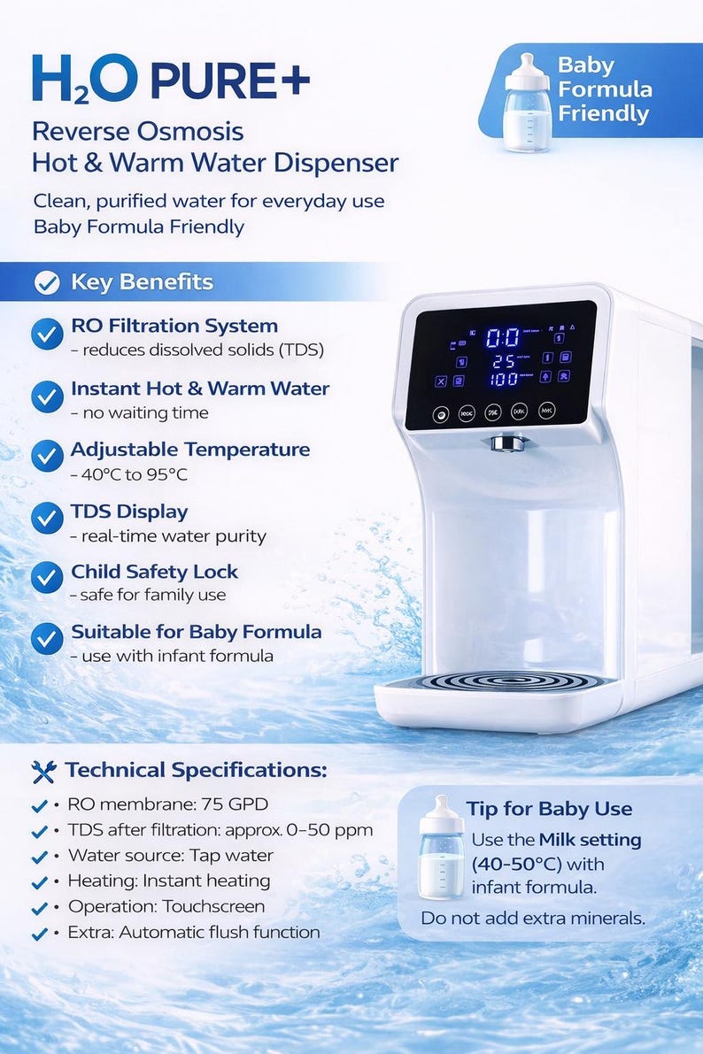 Pu&ograve; includere: Erogatore di acqua calda e tiepida a osmosi inversa H2O PURE+ bianco. Include temperatura regolabile, display TDS e blocco di sicurezza per bambini. Adatto per latte artificiale. Con touchscreen e funzione di scarico automatico.
