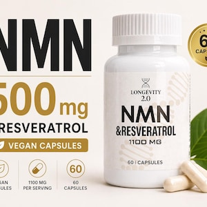 Puede incluir: Una botella blanca de cápsulas de NMN y Resveratrol con el texto "Longevity 2.0". La etiqueta también indica "1100 MG" y "60 Cápsulas". Dos cápsulas son visibles frente a la botella. También se muestra el texto "500mg + Resveratrol".
