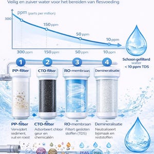 Pu&ograve; includere: Diagramma che illustra un processo di filtrazione dell'acqua in quattro fasi: PP-filtro, CTO-filtro, RO-membrana e demineralizzazione. L'immagine mostra una riduzione delle parti per milione (ppm) da 300 a meno di 10 ppm, con testo in olandese.
