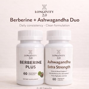 Ashwagandha Extra Strength + Berberine Plus Duo Pack | Vegan | Lab Tested | Longevity Supplement | 60 Caps Each | Energy & Balance image 1