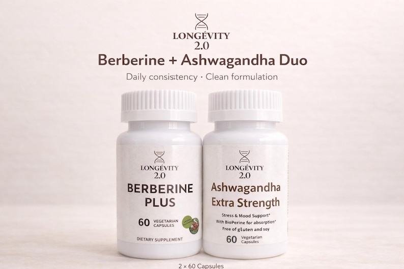 Ashwagandha Extra Strength + Berberine Plus Duo Pack | Vegan | Lab Tested | Longevity Supplement | 60 Caps Each | Energy & Balance image 1