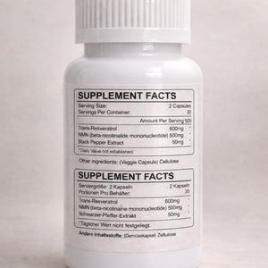 May include: White supplement bottle with a white lid. The label includes the text "SUPPLEMENT FACTS" and lists ingredients such as Trans-Resveratrol, NMN, and Black Pepper Extract. The bottle contains 30 servings.