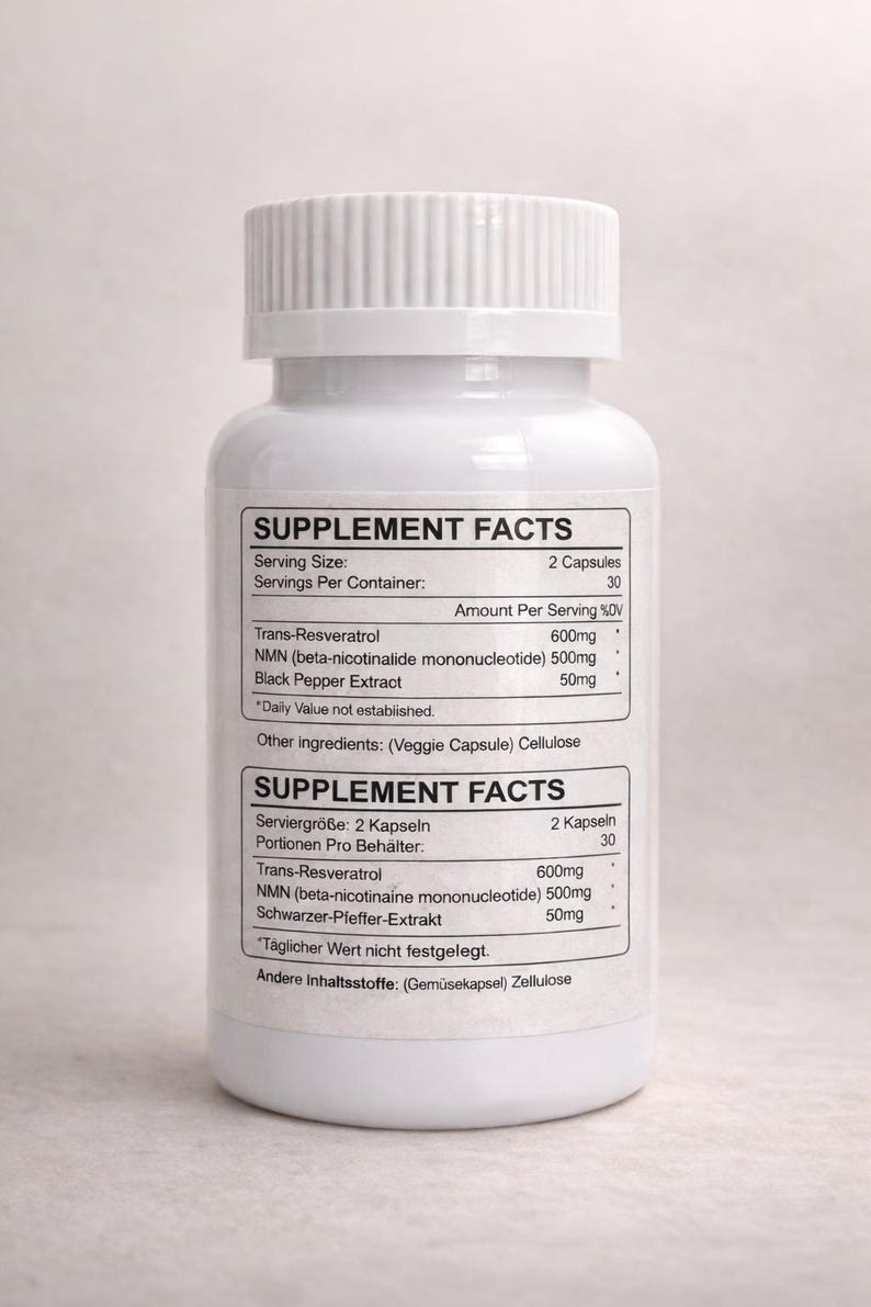 May include: White supplement bottle with a white lid. The label includes the text "SUPPLEMENT FACTS" and lists ingredients such as Trans-Resveratrol, NMN, and Black Pepper Extract. The bottle contains 30 servings.