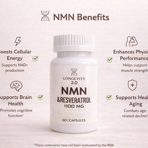 May include: A white bottle of NMN & Resveratrol 1100 MG capsules. The bottle has a white cap and a label with the text "LONGEVITY 2.0". The image also includes text about the benefits of the supplement, such as boosting cellular energy.
