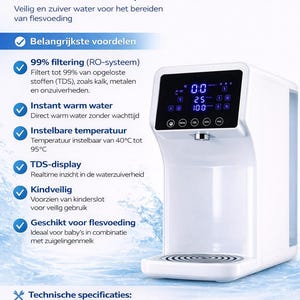 Pu&ograve; includere: Erogatore di acqua calda e tiepida a osmosi inversa H2O PURE+ bianco. Dispone di display digitale, comandi touchscreen e blocco di sicurezza per bambini. Progettato per l'alimentazione con biberon, filtra l'acqua e la riscalda istantaneamente.