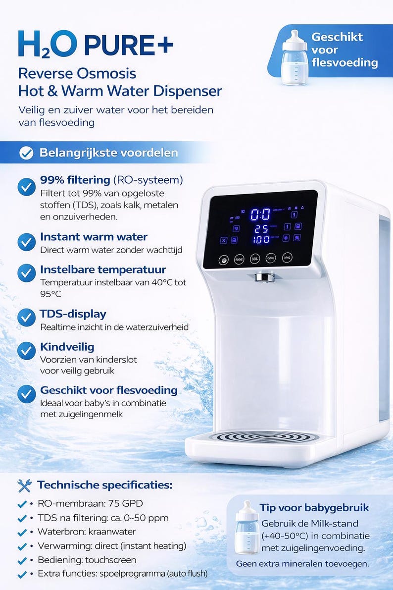 Pu&ograve; includere: Erogatore di acqua calda e tiepida a osmosi inversa H2O PURE+ bianco. Dispone di display digitale, comandi touchscreen e blocco di sicurezza per bambini. Progettato per l'alimentazione con biberon, filtra l'acqua e la riscalda istantaneamente.