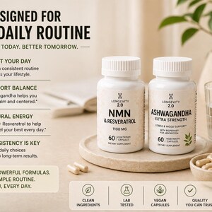 May include: Two white supplement bottles labeled "Longevity 2.0" with "NMN & Resveratrol" and "Ashwagandha Extra Strength." The image includes capsules, a glass of water, and text: "Designed for Your Daily Routine."