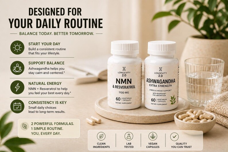 May include: Two white supplement bottles labeled "Longevity 2.0" with "NMN & Resveratrol" and "Ashwagandha Extra Strength." The image includes capsules, a glass of water, and text: "Designed for Your Daily Routine."