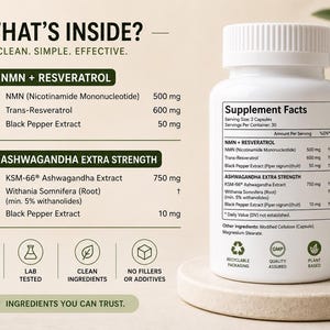 May include: A white supplement bottle with a detailed label listing ingredients like NMN, Resveratrol, and Ashwagandha. The label also includes serving sizes and amounts in milligrams. The text "What's Inside?" is at the top.